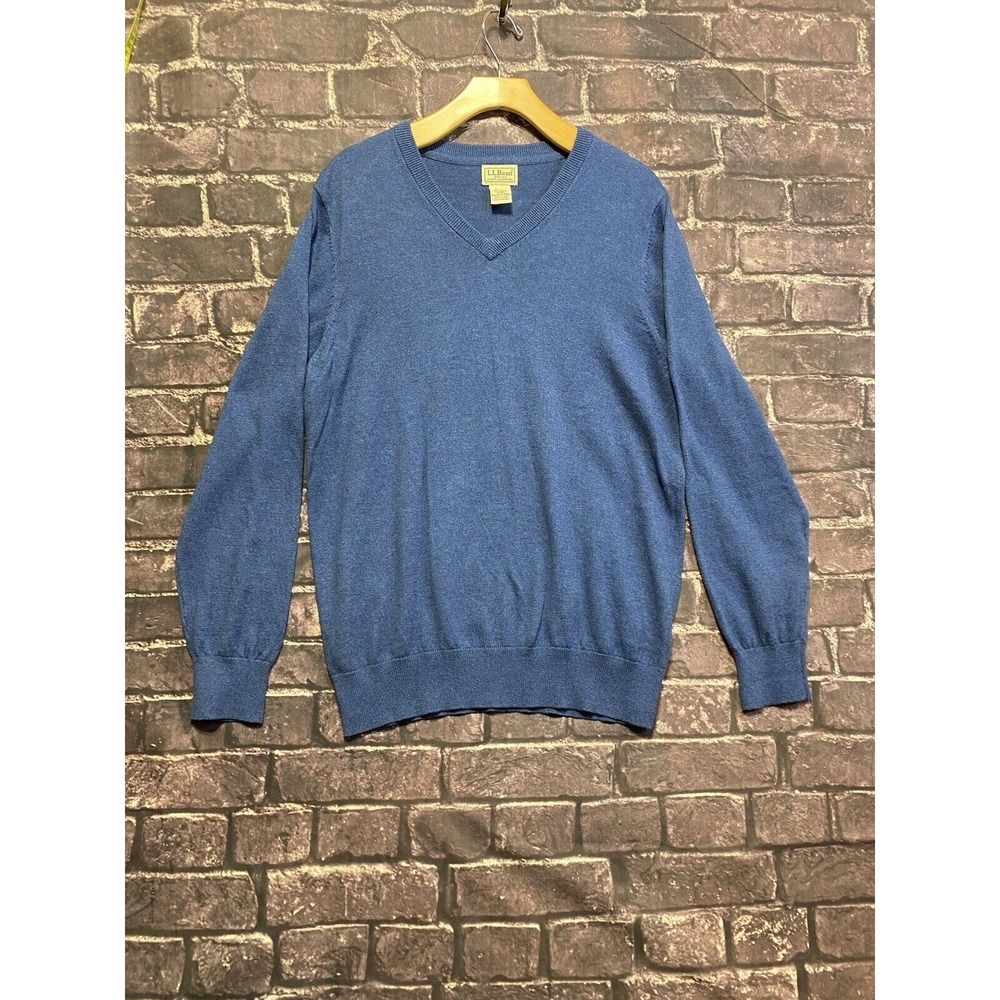 LL Bean Cotton Cashmere Sweater‎ Mens Medium Blue V Neck Pullover Academia VTG